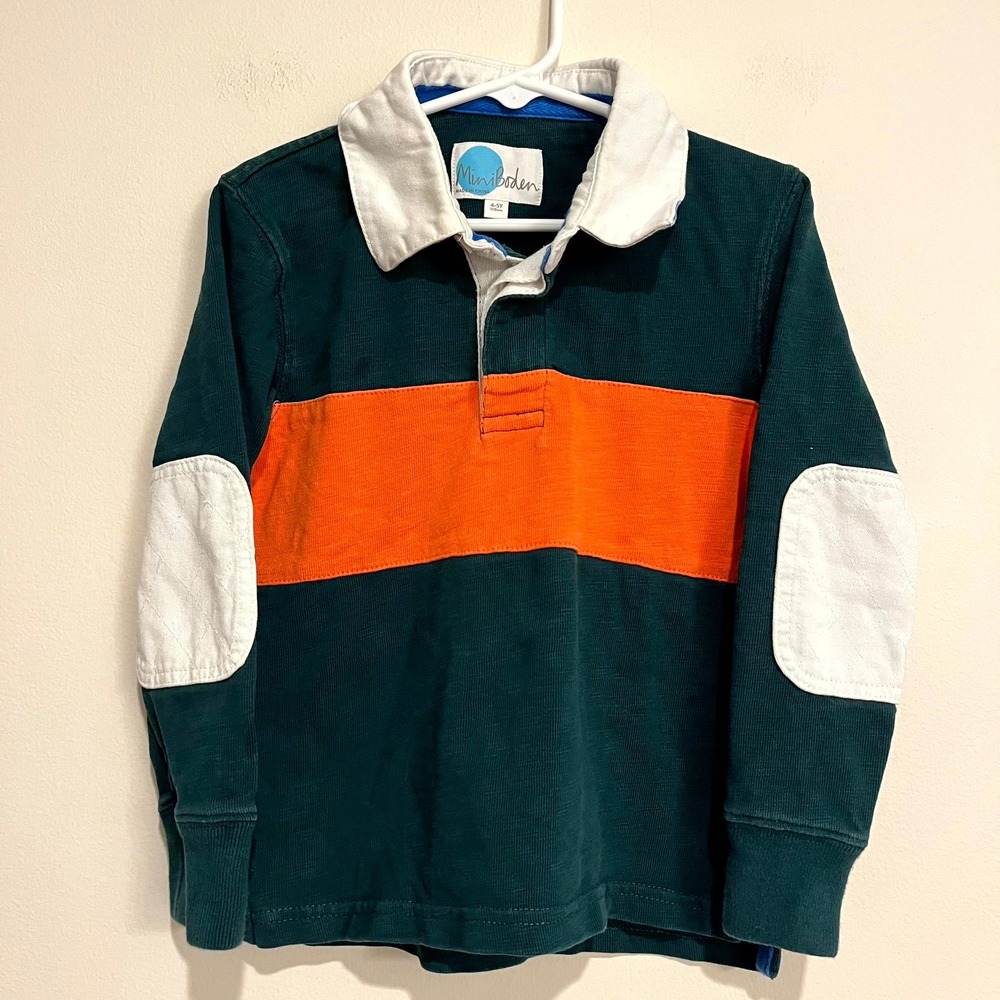 Mini Boden Shirt Rugby Polo Long Sleeve Green Orange Lightning Bolt Kids 4-5Y